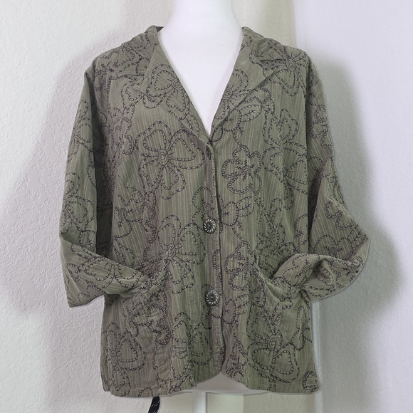 FLAX Women’s Medium Green Floral Embroidered Button Jacket – 100% Cotton - Picture 2 of 11